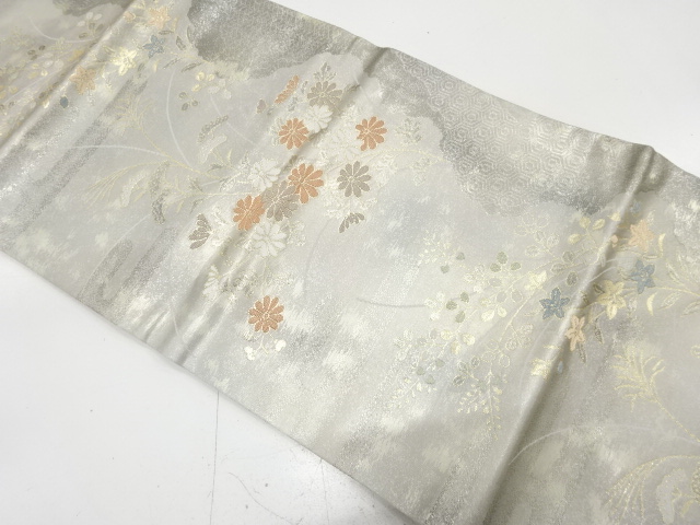 引箔　菊に秋草模様織り出し　名古屋帯